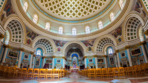 Mosta, Malta - Panoramic interior shot of Mosta Dome. Panoramic interior shot of Mosta Dome in Mosta, Malta. Church of the Assumption of Our Lady known as Rotunda of Mosta the third largest church in Europe