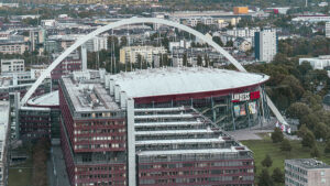 Aerial view of Cologne and Lanxess Arena from Cologne Triangle