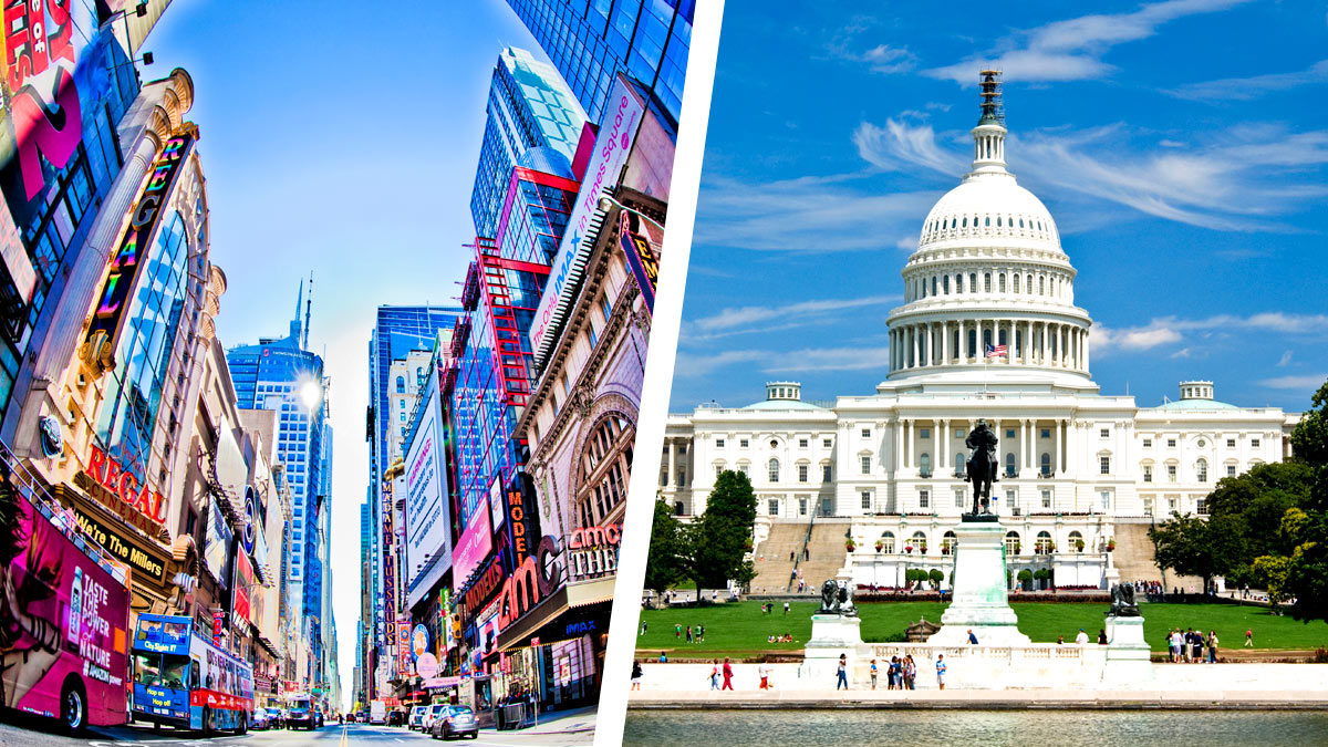 A split photo of Broadway in New York on the left and Capitol Hill in Washington DC on the right.