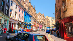 Street view of Edinburgh, Scotland, UK. Edinburgh street view under blue sky