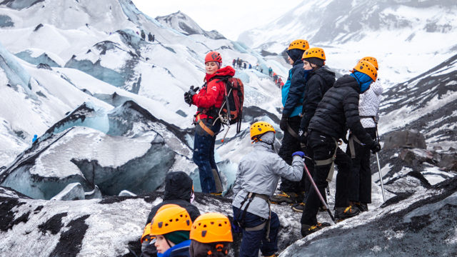 Students on a glacier trek in Iceland