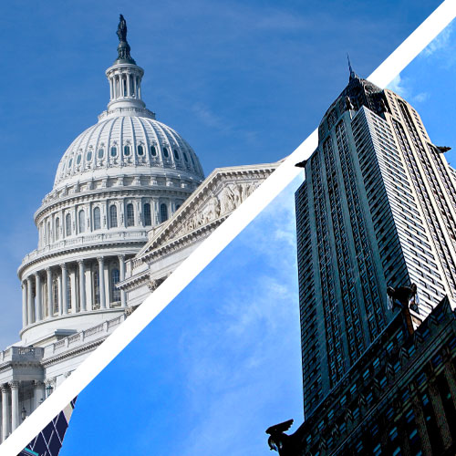 A split photo of Capitol Hill on the left and the Chrysler Building on the right.