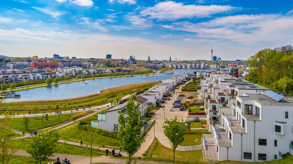 Amazing panoramic view of Phoenix Lake in Dortmund, Germany. Phoenix See lake is an artificial lake on the former steelworks Phoenix East in Dortmund district Horde