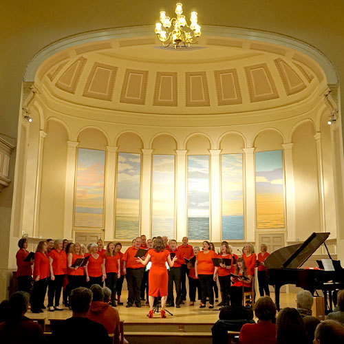 Interior of a church with a choir on stage