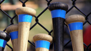 A close-up of several baseball bats leaning against a chain-link fence. The bats are mostly wooden with black handles and blue tape wrapped around the top.