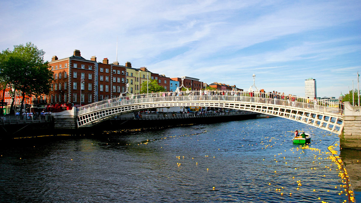 The Ha'penny Bridge in Dublin, a pedestrian footbridge crossing the Liffey River.