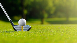 Let`s golf today. Close up of a golf ball on the tee and the iron