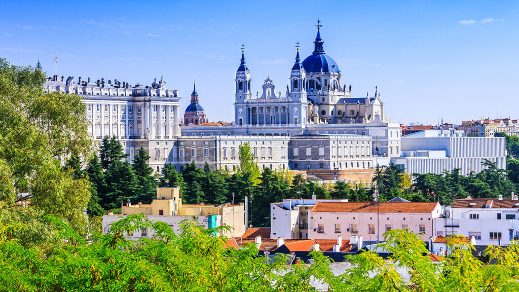 Madrid, Spain. Santa Maria la Real de La Almudena Cathedral and the Royal Palace.